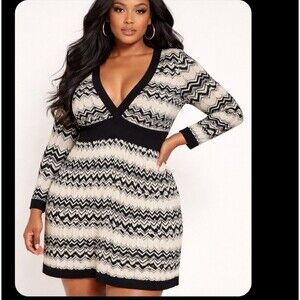 Baby Phat Women's Sze 3X Chevron Pattern Black White Metallic Long Sleeve Dress